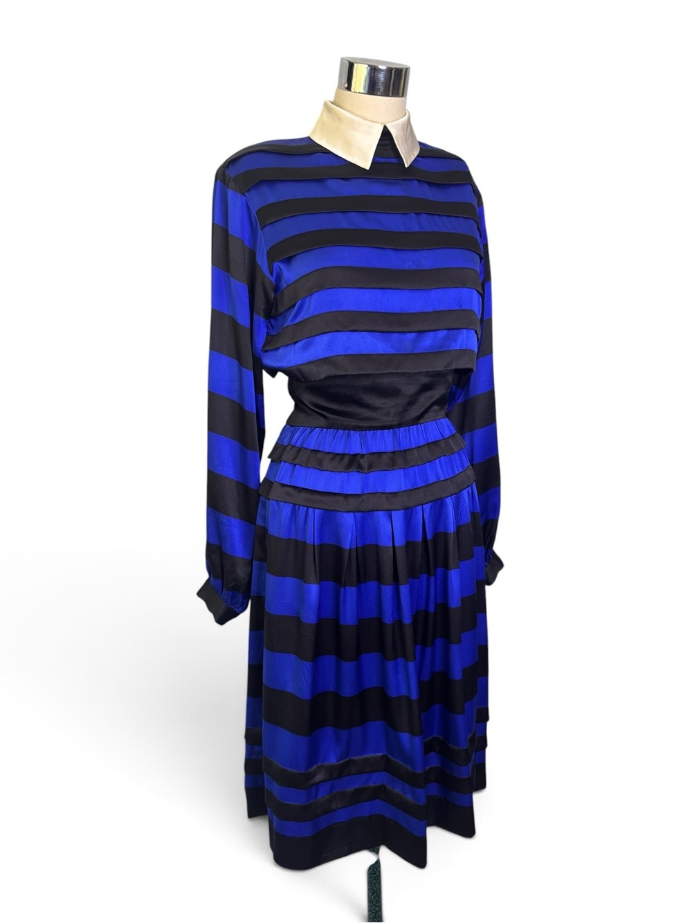 Nipon Boutique Vintage Silk Striped Blue and Black Midi dress - Picture 3 of 10